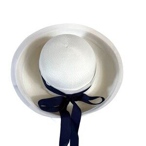 Sailor Style White Straw Hat Wide Brim Navy Ribbon Bow Mesh Accent Church USA